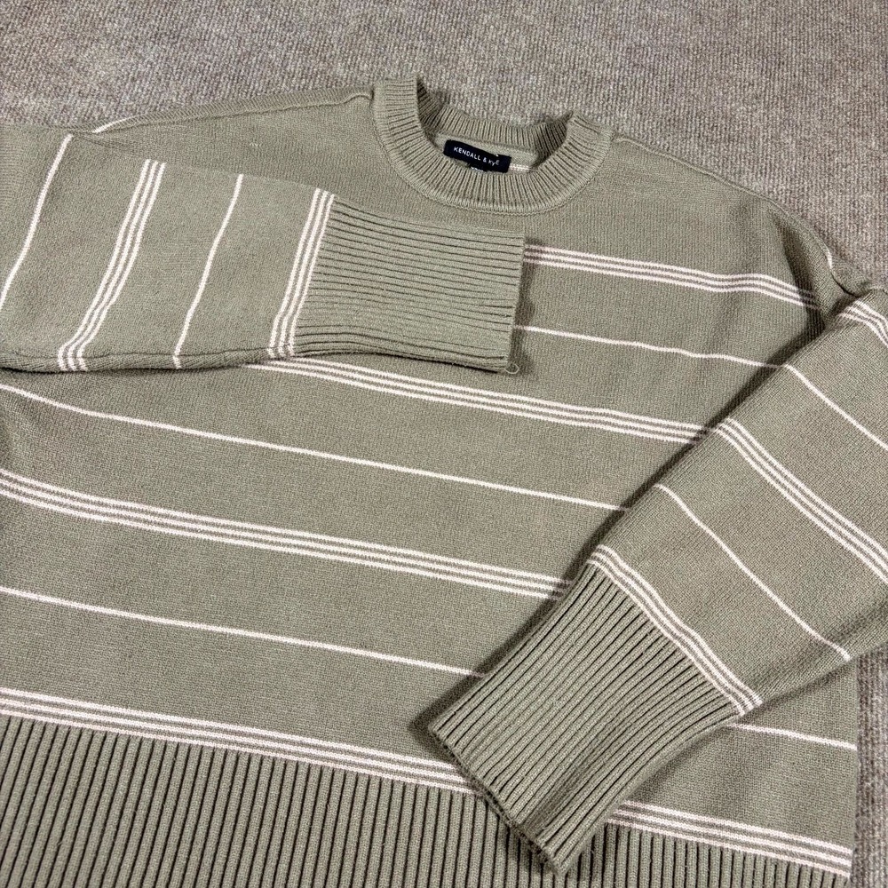 Kendall & Kylie Sweater Womens XS Olive Green Striped Crew Neck Cozy Ribbed Trim